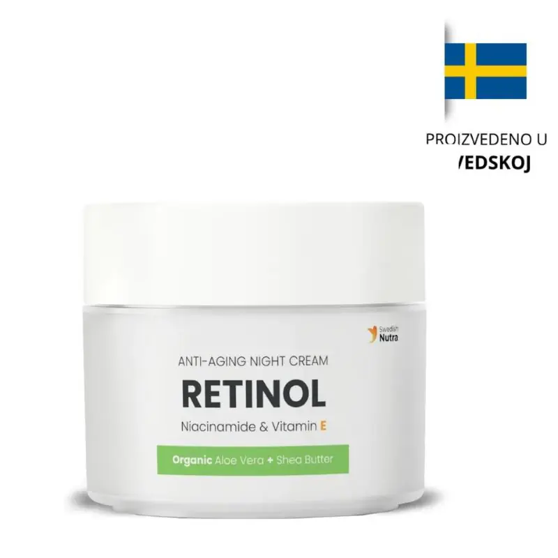 Noćna anti-age krema sa retinolom i niacinamidom intenzivno deluje tokom noći, smanjuje bore i linije, ujednačava ten i vraća koži vlagu i elastičnost.