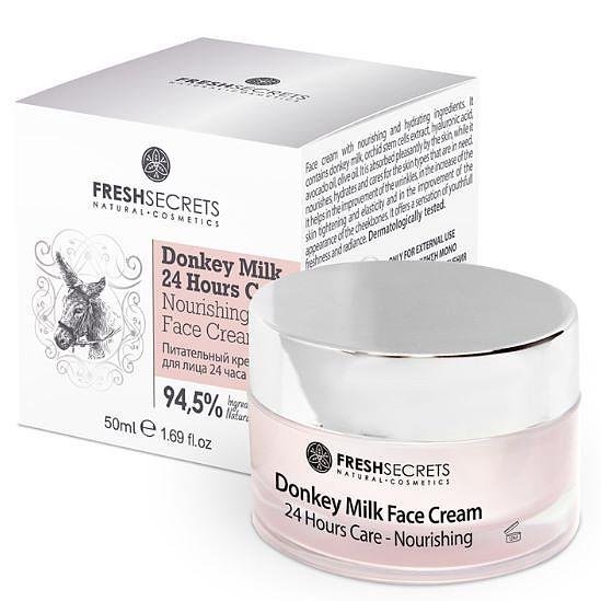Hranljiva 24h krema za lice sa magarećim mlekom Fresh Secrets, hranljivim i hidratantnim sastojcima. Sadrži magareće mleko, hijaluronsku kiselinu, ulje avokada, maslinovo ulje i ekstrakt matičnih ćelija orhideje.