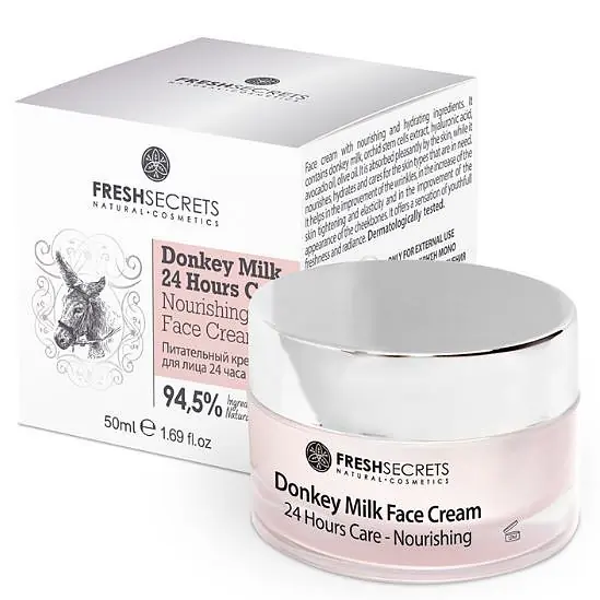 Hranljiva 24h krema za lice sa magarećim mlekom Fresh Secrets, hranljivim i hidratantnim sastojcima. Sadrži magareće mleko, hijaluronsku kiselinu, ulje avokada, maslinovo ulje i ekstrakt matičnih ćelija orhideje.